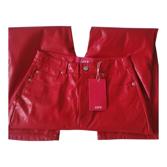 Glossy Red Straight Leg Faux Leather Pants - Picture 6 of 13